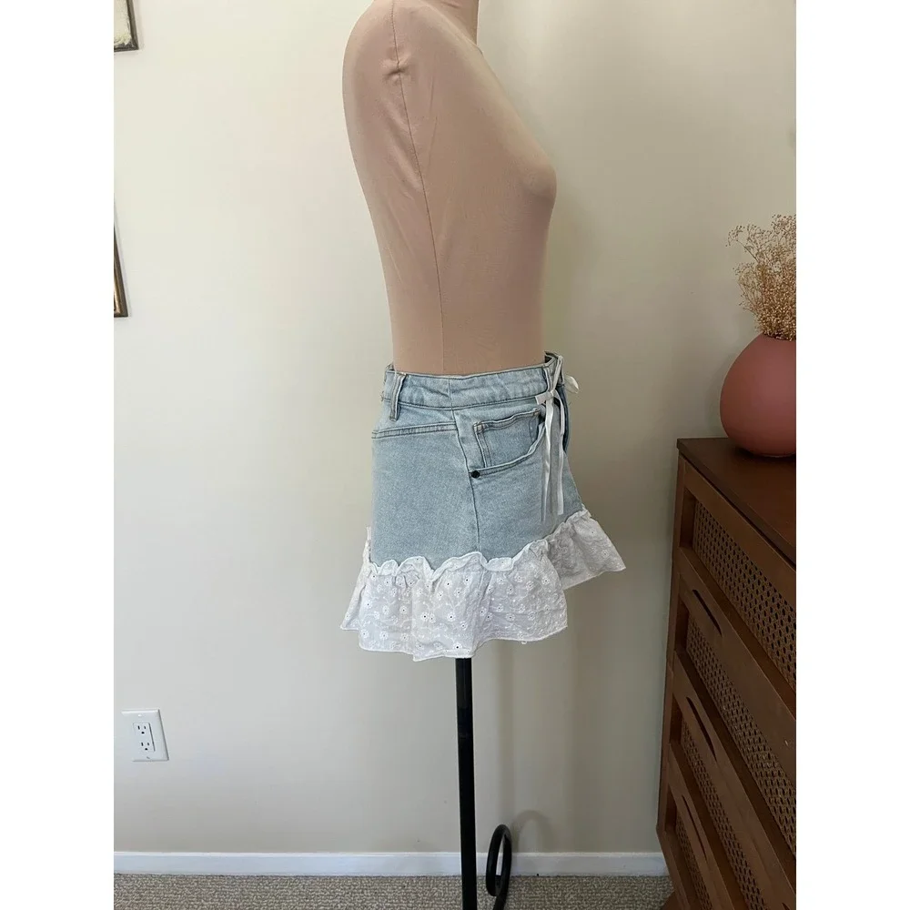 Vintage Y2K‎ Sweet Society Eyelet Ruffle Denim Mini Skirt